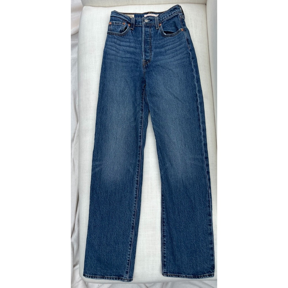 Levi's Ribcage Jeans Women 25 X 32 Dark Wash Straight Leg Button Fly High Rise